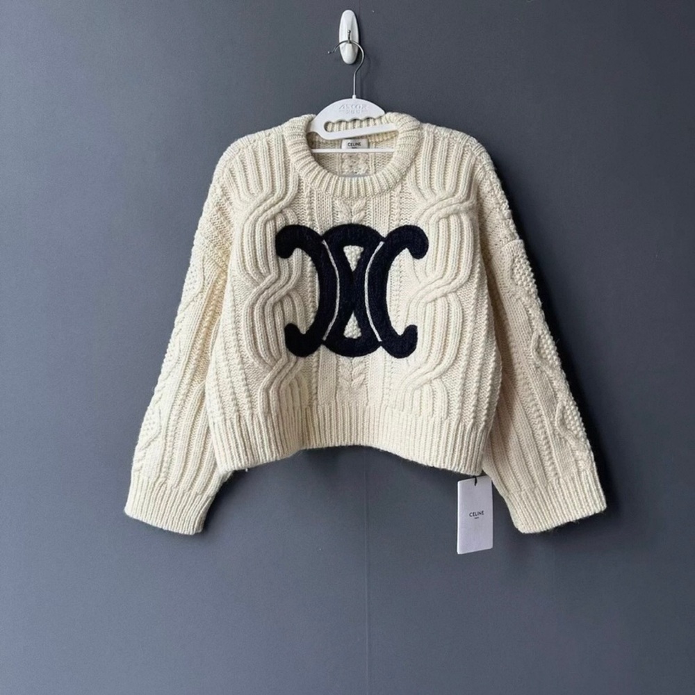 Celine Cream Cable Knit Sweater with Black Logo